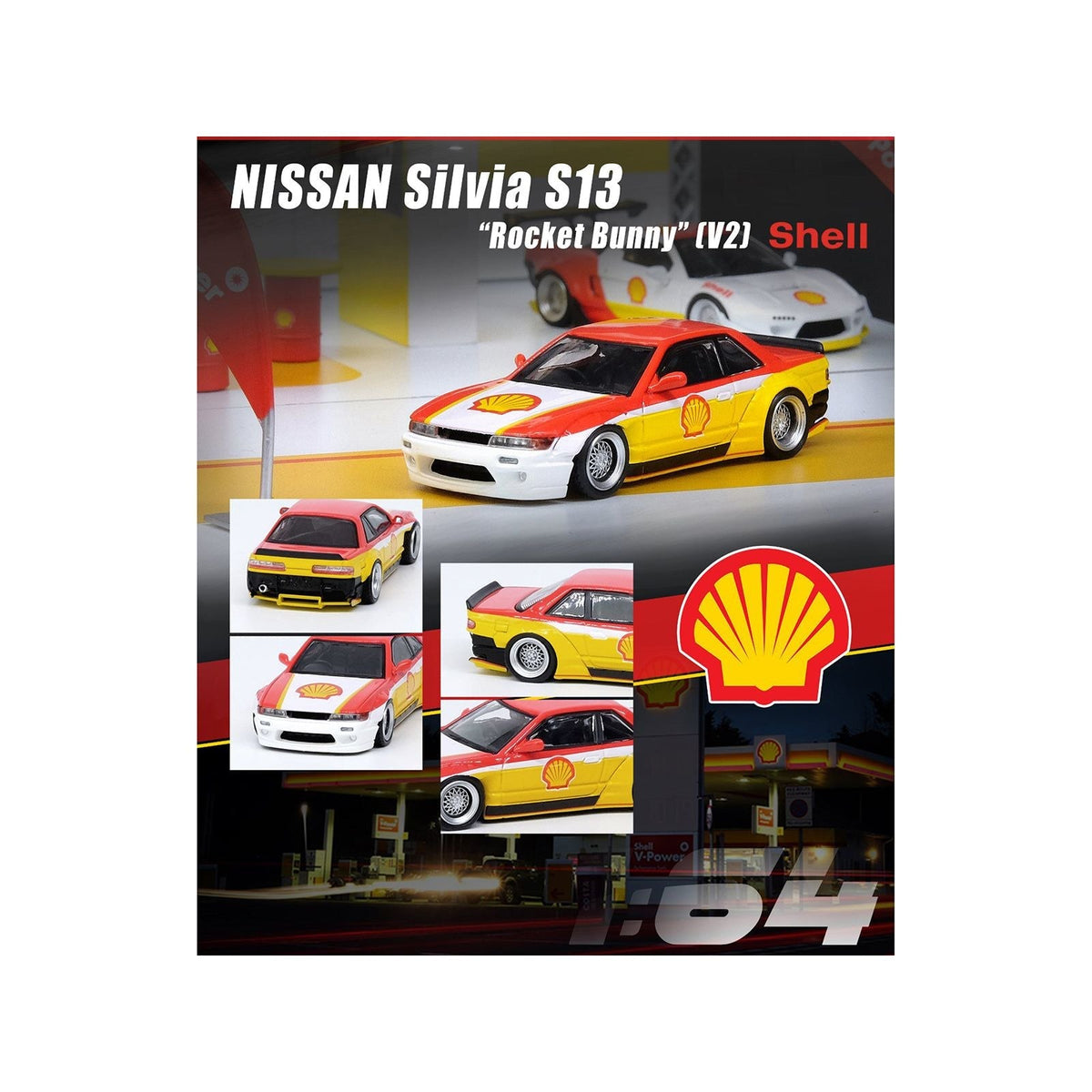 Nissan Silvia S13 Rocket Bunny V2 RHD (Right Hand Drive) Yellow and Red with White "Shell" 1/64 Diecast Model Car by Inno Models-Inno Models-ModelCars.com