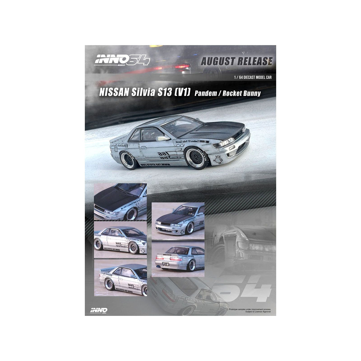 Nissan Silvia S13 (V1) RHD (Right Hand Drive) Silver Metallic with Carbon Hood "Pandem/Rocket Bunny" 1/64 Diecast Model Car by Inno Models-Inno Models-ModelCars.com