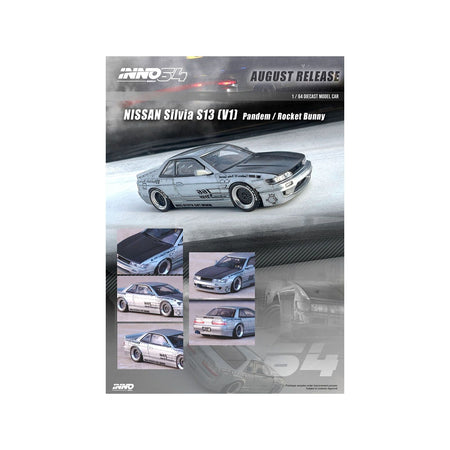 Nissan Silvia S13 (V1) RHD (Right Hand Drive) Silver Metallic with Carbon Hood "Pandem/Rocket Bunny" 1/64 Diecast Model Car by Inno Models-Inno Models-ModelCars.com