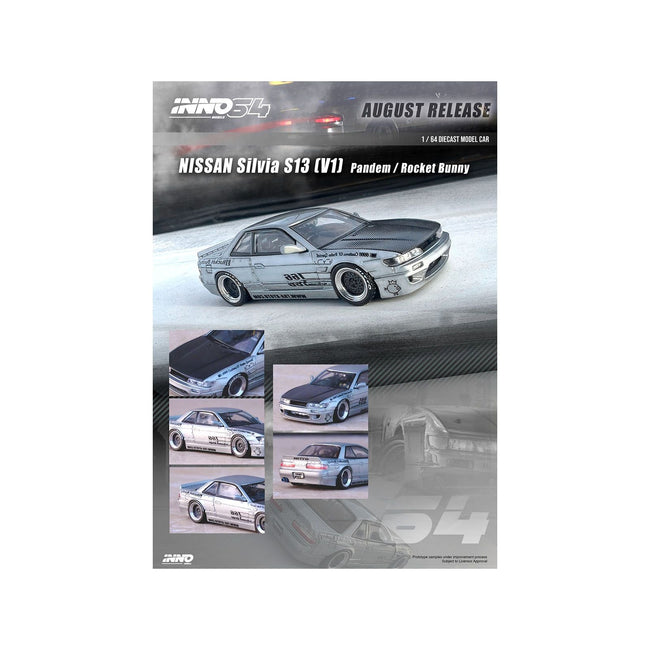 Nissan Silvia S13 (V1) RHD (Right Hand Drive) Silver Metallic with Carbon Hood "Pandem/Rocket Bunny" 1/64 Diecast Model Car by Inno Models-Inno Models-ModelCars.com