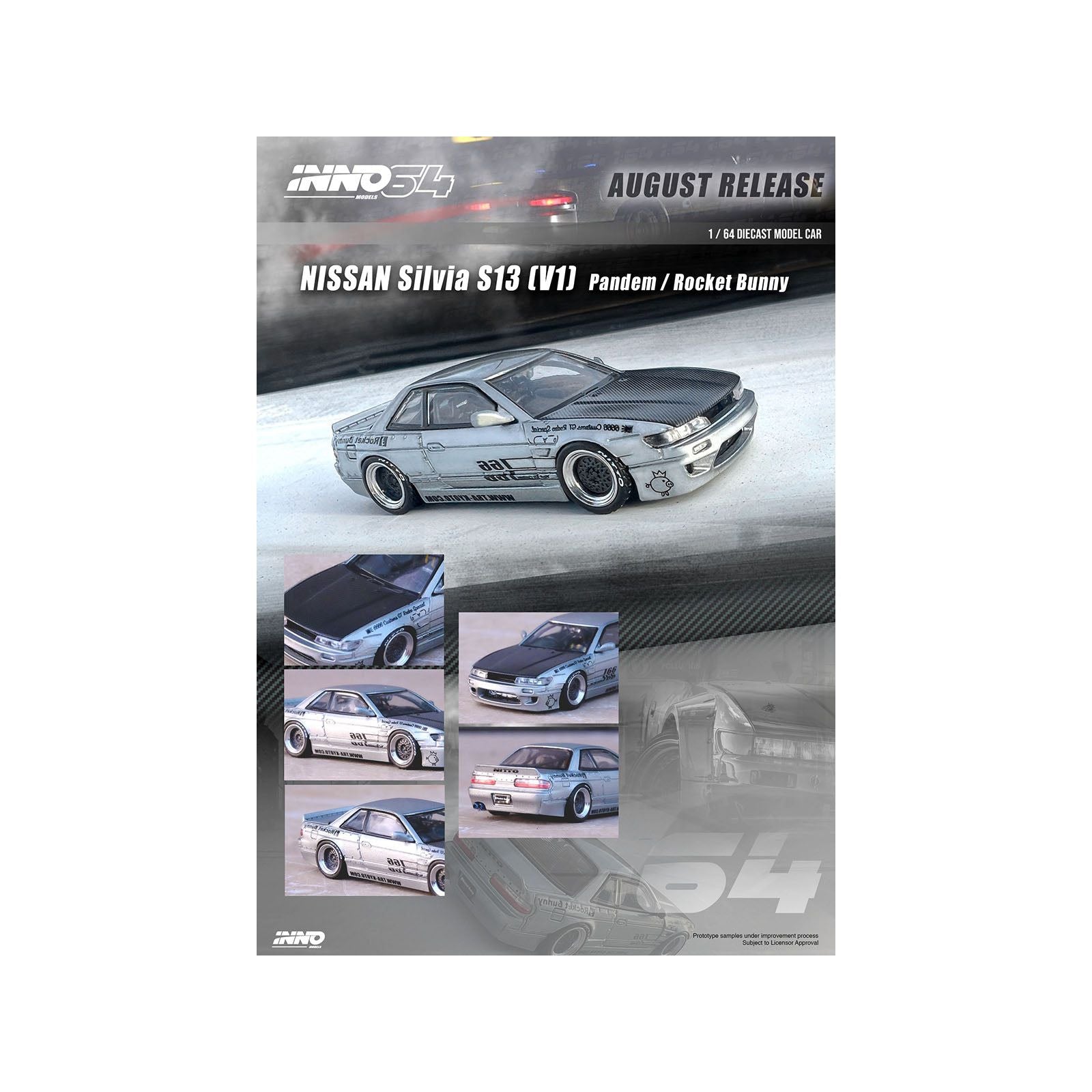 Nissan Silvia S13 (V1) RHD (Right Hand Drive) Silver Metallic with Carbon Hood "Pandem/Rocket Bunny" 1/64 Diecast Model Car by Inno Models - Inno Models - ModelCars.com