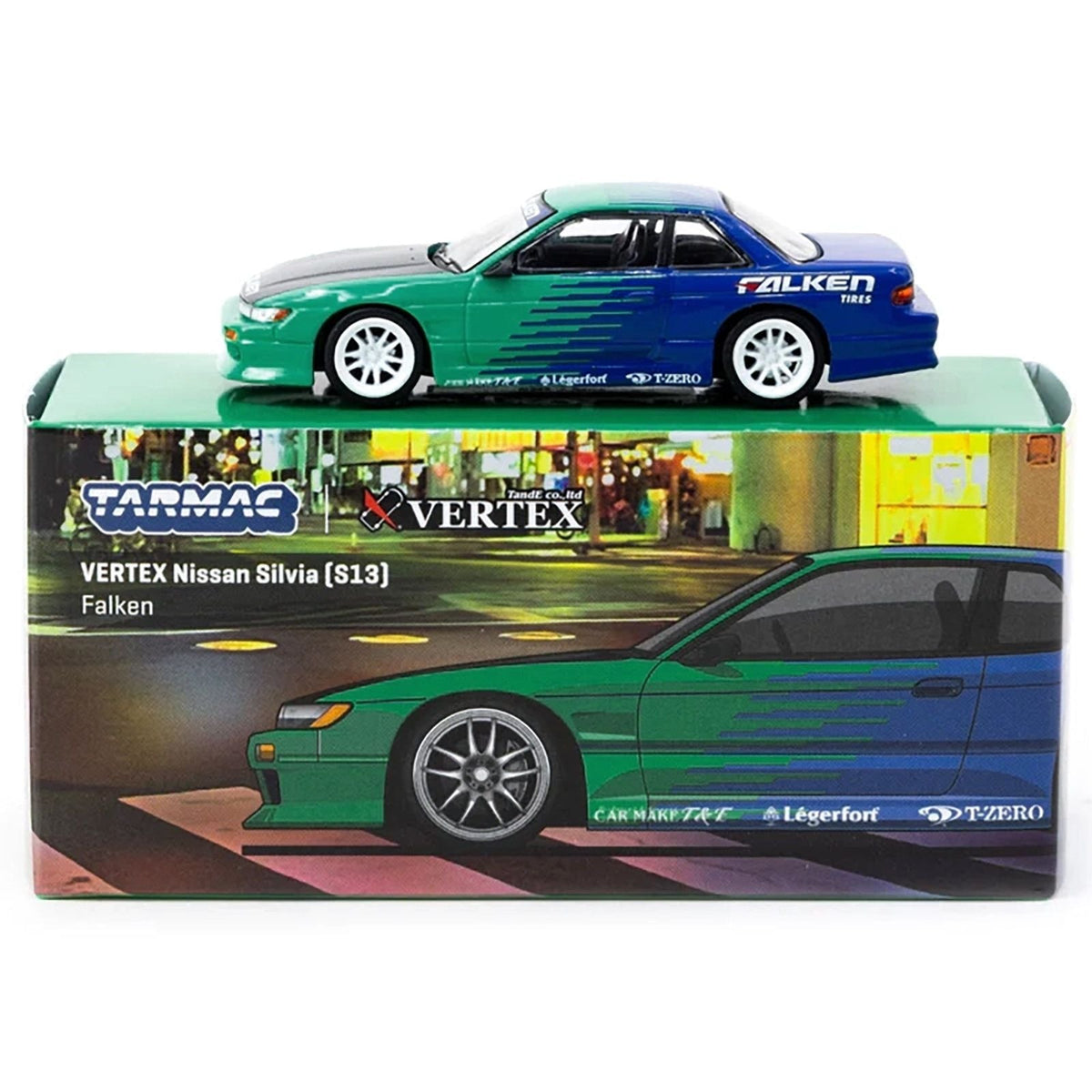Nissan Silvia (S13) Vertex RHD (Right Hand Drive) "Falken Tires" Green and Blue wuth Carbon Hood "Global64" Series 1/64 Diecast Model by Tarmac Works-Tarmac Works-ModelCars.com