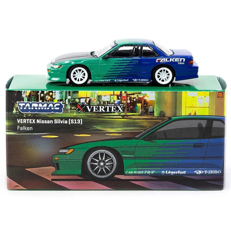 Nissan Silvia (S13) Vertex RHD (Right Hand Drive) "Falken Tires" Green and Blue wuth Carbon Hood "Global64" Series 1/64 Diecast Model by Tarmac Works-Tarmac Works-ModelCars.com