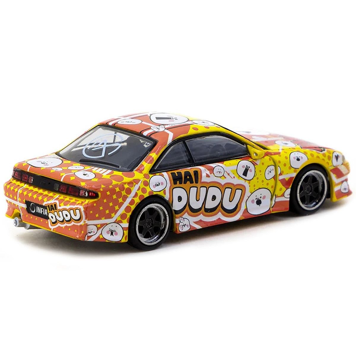 Nissan Silvia (S14) Vertex RHD (Right Hand Drive) "Hai Dudu - IMX Special Edition" Yellow and Orange with Graphics "Global64" Series 1/64 Diecast Model by Tarmac Works-Tarmac Works-ModelCars.com