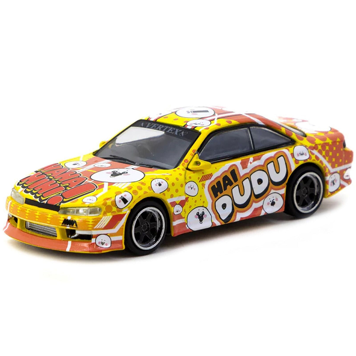 Nissan Silvia (S14) Vertex RHD (Right Hand Drive) "Hai Dudu - IMX Special Edition" Yellow and Orange with Graphics "Global64" Series 1/64 Diecast Model by Tarmac Works-Tarmac Works-ModelCars.com