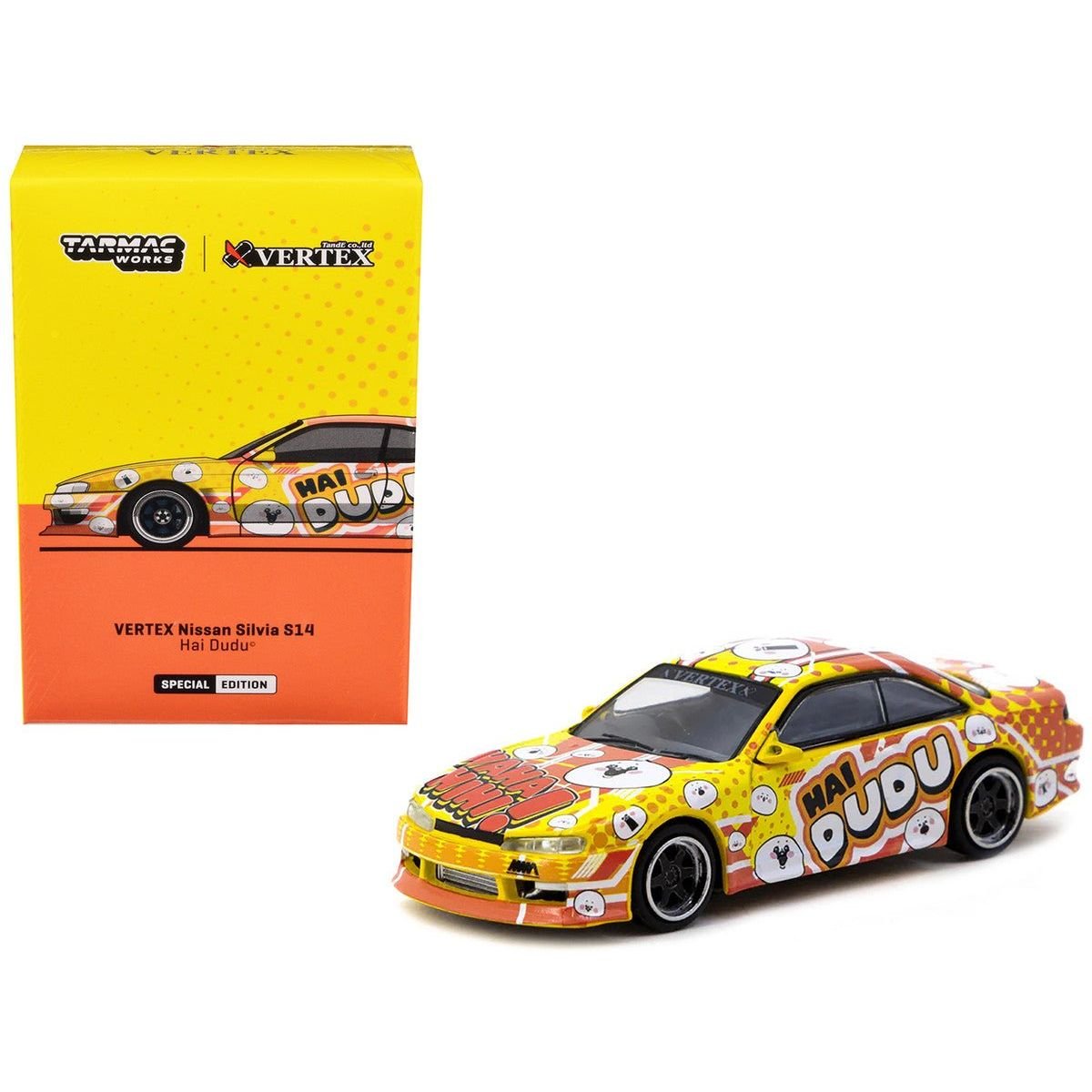 Nissan Silvia (S14) Vertex RHD (Right Hand Drive) "Hai Dudu - IMX Special Edition" Yellow and Orange with Graphics "Global64" Series 1/64 Diecast Model by Tarmac Works-Tarmac Works-ModelCars.com