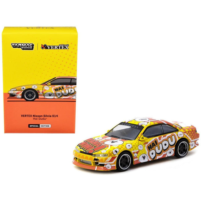 Nissan Silvia (S14) Vertex RHD (Right Hand Drive) "Hai Dudu - IMX Special Edition" Yellow and Orange with Graphics "Global64" Series 1/64 Diecast Model by Tarmac Works-Tarmac Works-ModelCars.com