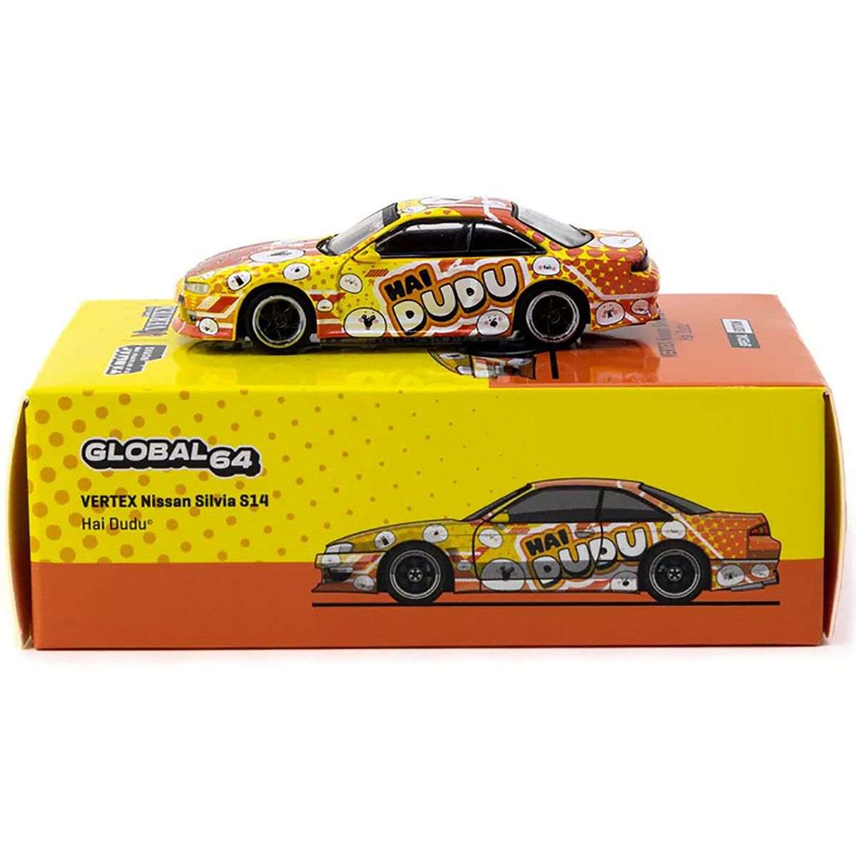 Nissan Silvia (S14) Vertex RHD (Right Hand Drive) "Hai Dudu - IMX Special Edition" Yellow and Orange with Graphics "Global64" Series 1/64 Diecast Model by Tarmac Works-Tarmac Works-ModelCars.com