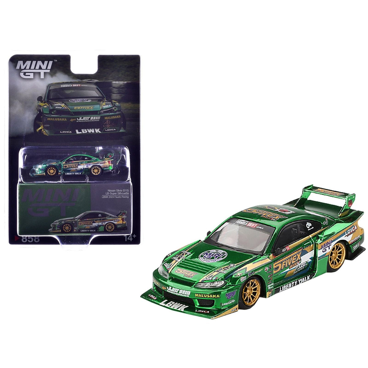 Nissan Silvia (S15) LB-Super Silhouette RHD (Right Hand Drive) "Fausto Racing 2024" Green Metallic Limited Edition 1/64 Diecast Model Car by Mini GT-Mini GT-ModelCars.com
