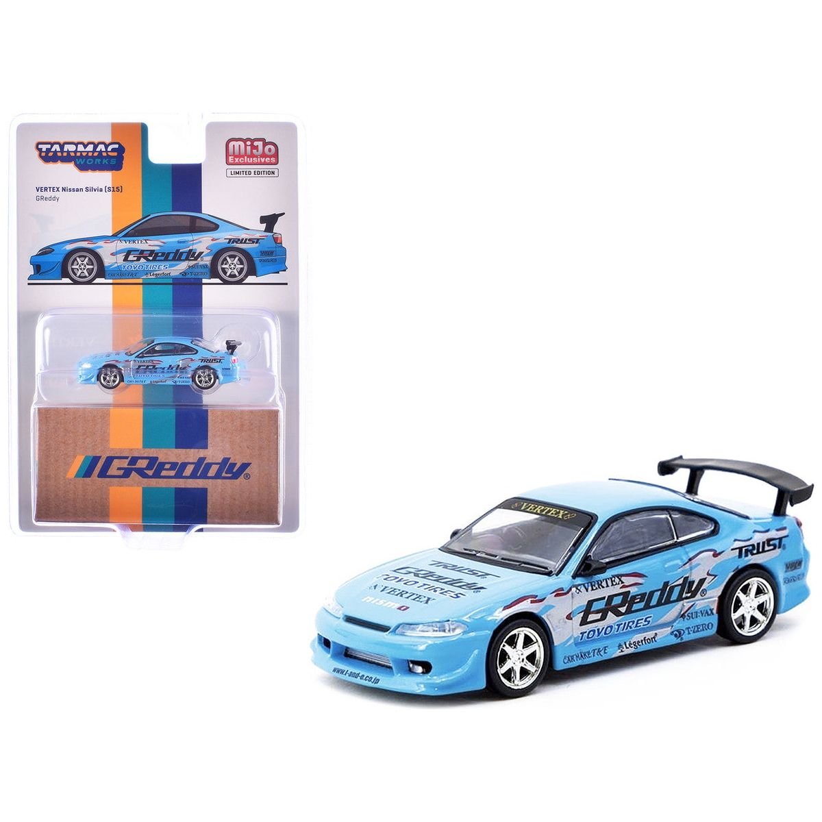 Nissan Silvia (S15) Vertex RHD (Right Hand Drive) "GReddy" Light Blue "Global64" Series 1/64 Diecast Model by Tarmac Works - Tarmac Works - ModelCars.com