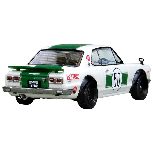 Nissan Skyline 2000 GT - R (KPGC10) 50 RHD (Right Hand Drive) White with Green Stripes "Malaysia Diecast Expo Event Edition" (2023) 1/64 Diecast Model Car by Inno Models - Inno Models - ModelCars.com