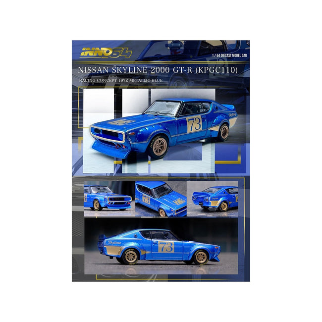 Nissan Skyline 2000 GT-R (KPGC110) RHD (Right Hand Drive) #73 Blue Metallic "Racing Concept" 1/64 Diecast Model Car by Inno Models-Inno Models-ModelCars.com