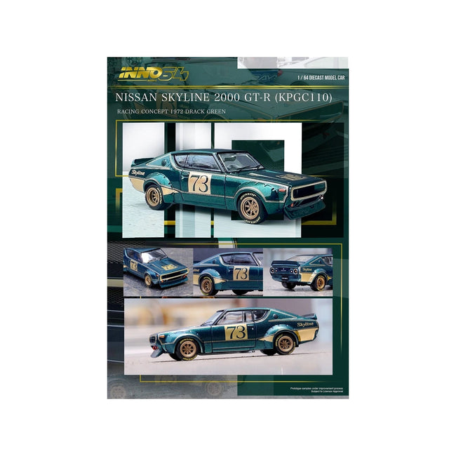 Nissan Skyline 2000 GT-R (KPGC110) RHD (Right Hand Drive) #73 Green Metallic "Racing Concept" 1/64 Diecast Model Car by Inno Models-Inno Models-ModelCars.com