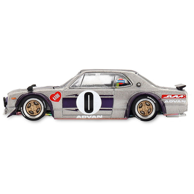 Nissan Skyline 2000GT-R (KPGC10) "Kaido Works V1" RHD (Right Hand Drive) #0 Silver Metallic with Purple Stripes (Designed by Jun Imai) "Kaido House" Special 1/64 Diecast Model Car by Mini GT-Mini GT-ModelCars.com
