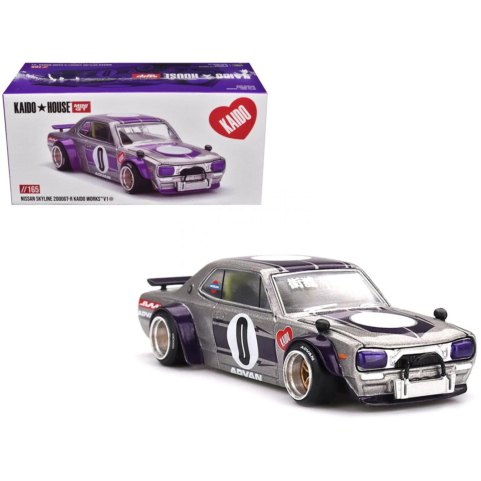 Nissan Skyline 2000GT - R (KPGC10) "Kaido Works V1" RHD (Right Hand Drive) 0 Silver Metallic with Purple Stripes (Designed by Jun Imai) "Kaido House" Special 1/64 Diecast Model Car by Mini GT - Mini GT - ModelCars.com