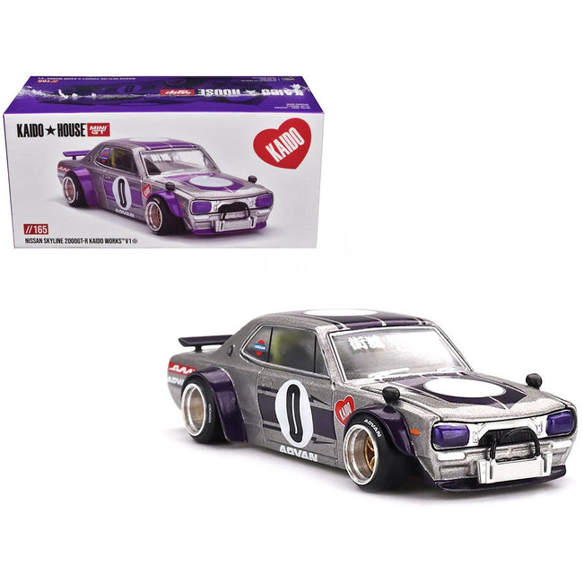 Nissan Skyline 2000GT-R (KPGC10) "Kaido Works V1" RHD (Right Hand Drive) #0 Silver Metallic with Purple Stripes (Designed by Jun Imai) "Kaido House" Special 1/64 Diecast Model Car by Mini GT-Mini GT-ModelCars.com