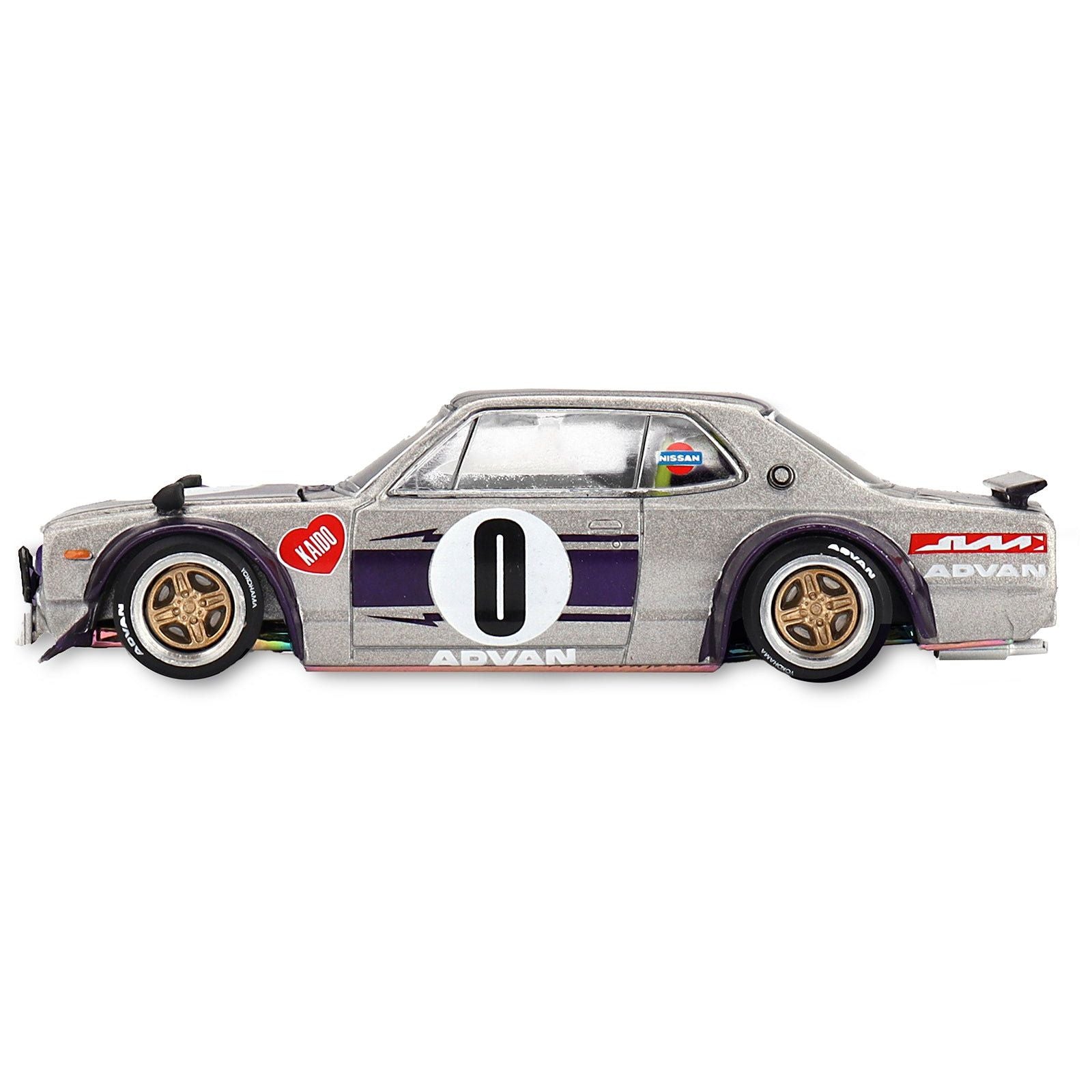 Nissan Skyline 2000GT - R (KPGC10) "Kaido Works V1" RHD (Right Hand Drive) 0 Silver Metallic with Purple Stripes (Designed by Jun Imai) "Kaido House" Special 1/64 Diecast Model Car by Mini GT - Mini GT - ModelCars.com