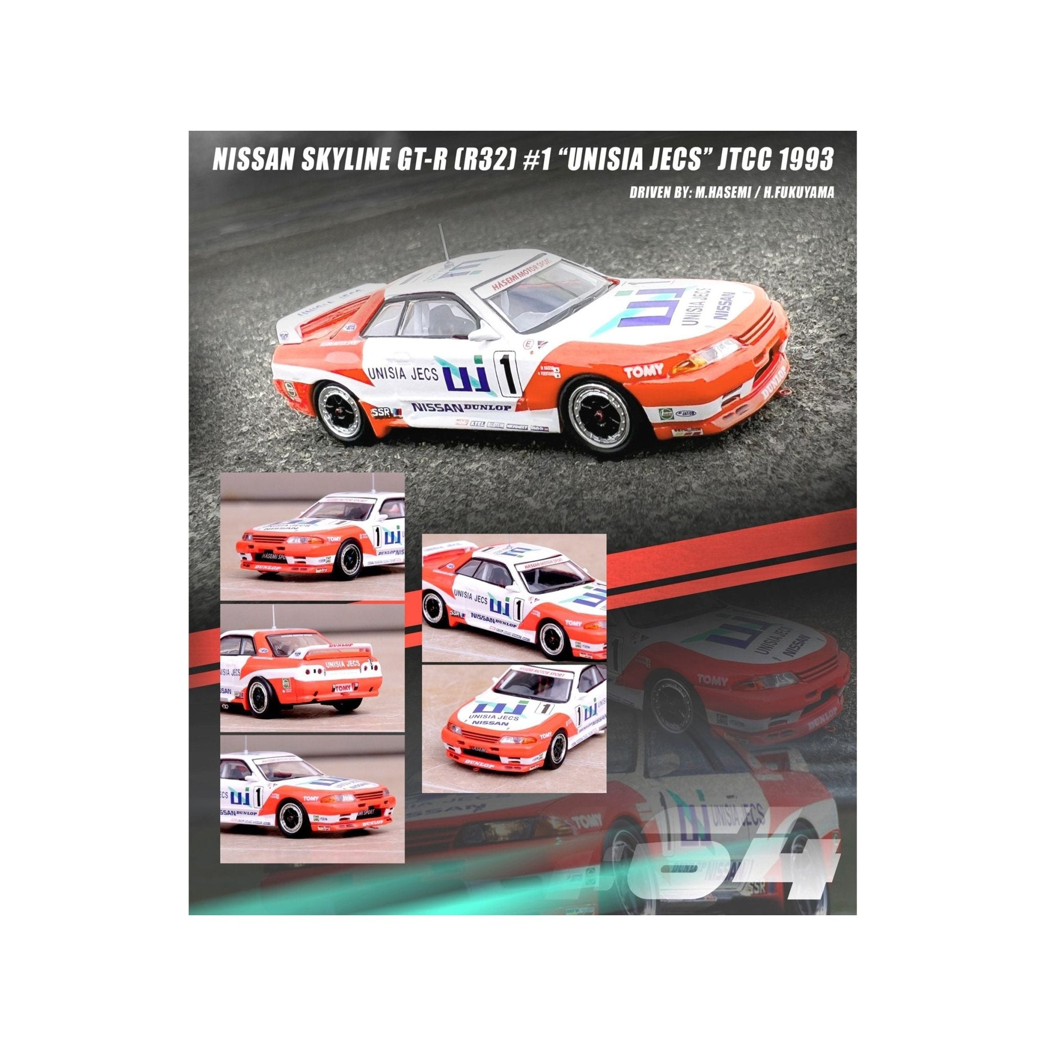 Nissan Skyline GT - R (R32) RHD (Right Hand Drive) 1 Masahiro Hasemi - Hideo Fukuyama "Unisia JECS" JTC (Japanese Touring Car Championship) (1993) 1/64 Diecast Model Car by Inno Models - Inno Models - ModelCars.com