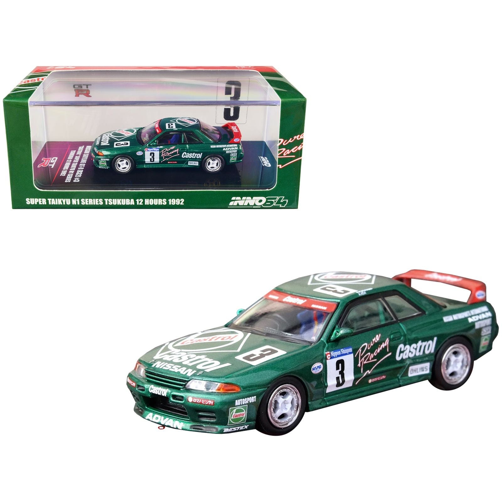 Nissan Skyline GT - R (R32) RHD (Right Hand Drive) 3 Hideo Fukuyama - Akira Iida "Castrol" "Super Taikyu N1 Series" Tsukuba 12 Hours (1992) 1/64 Diecast Model Car by Inno Models - Inno Models - ModelCars.com