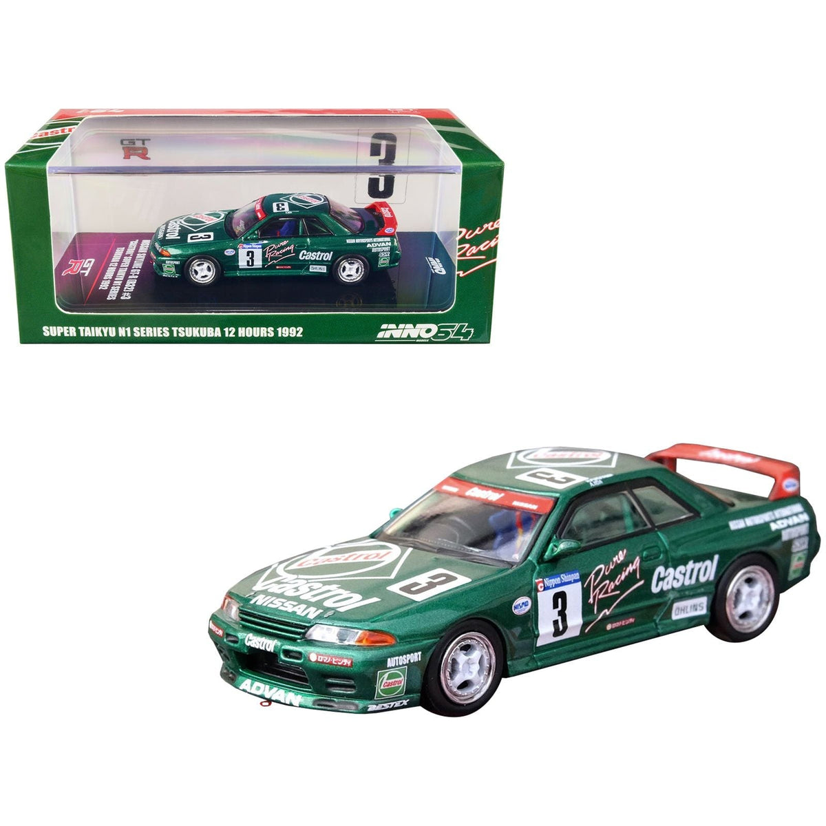 Nissan Skyline GT-R (R32) RHD (Right Hand Drive) 3 Hideo Fukuyama - Akira Iida "Castrol" "Super Taikyu N1 Series" Tsukuba 12 Hours (1992) 1/64 Diecast Model Car by Inno Models-Inno Models-ModelCars.com