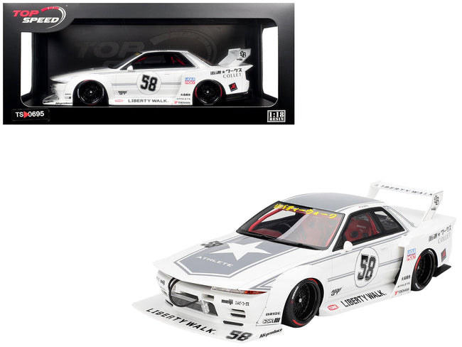 Nissan Skyline GT-R (R32) RHD (Right Hand Drive) #58 "LBWK - Kaido Works" White with Gray Stripes and Graphics "Tokyo Auto Salon (TAS) 2025" 1/18 Model Car by Top Speed-Top Speed-ModelCars.com