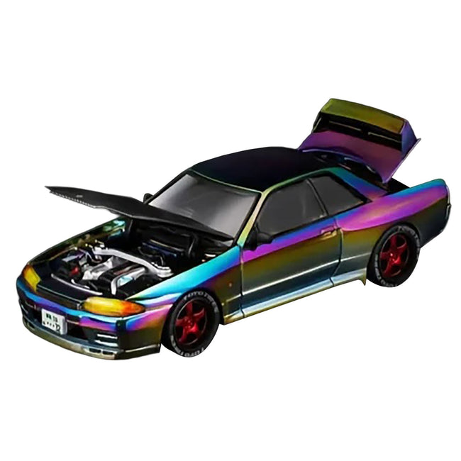 Nissan Skyline GT-R (R32) RHD (Right Hand Drive) Chameleon Chrome with Carbon Hood "Vancouver Edition" 1/64 Diecast Model Car by Pop Race-Pop Race-ModelCars.com