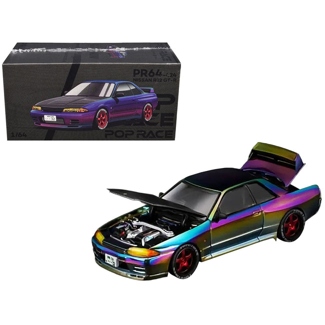 Nissan Skyline GT-R (R32) RHD (Right Hand Drive) Chameleon Chrome with Carbon Hood "Vancouver Edition" 1/64 Diecast Model Car by Pop Race-Pop Race-ModelCars.com