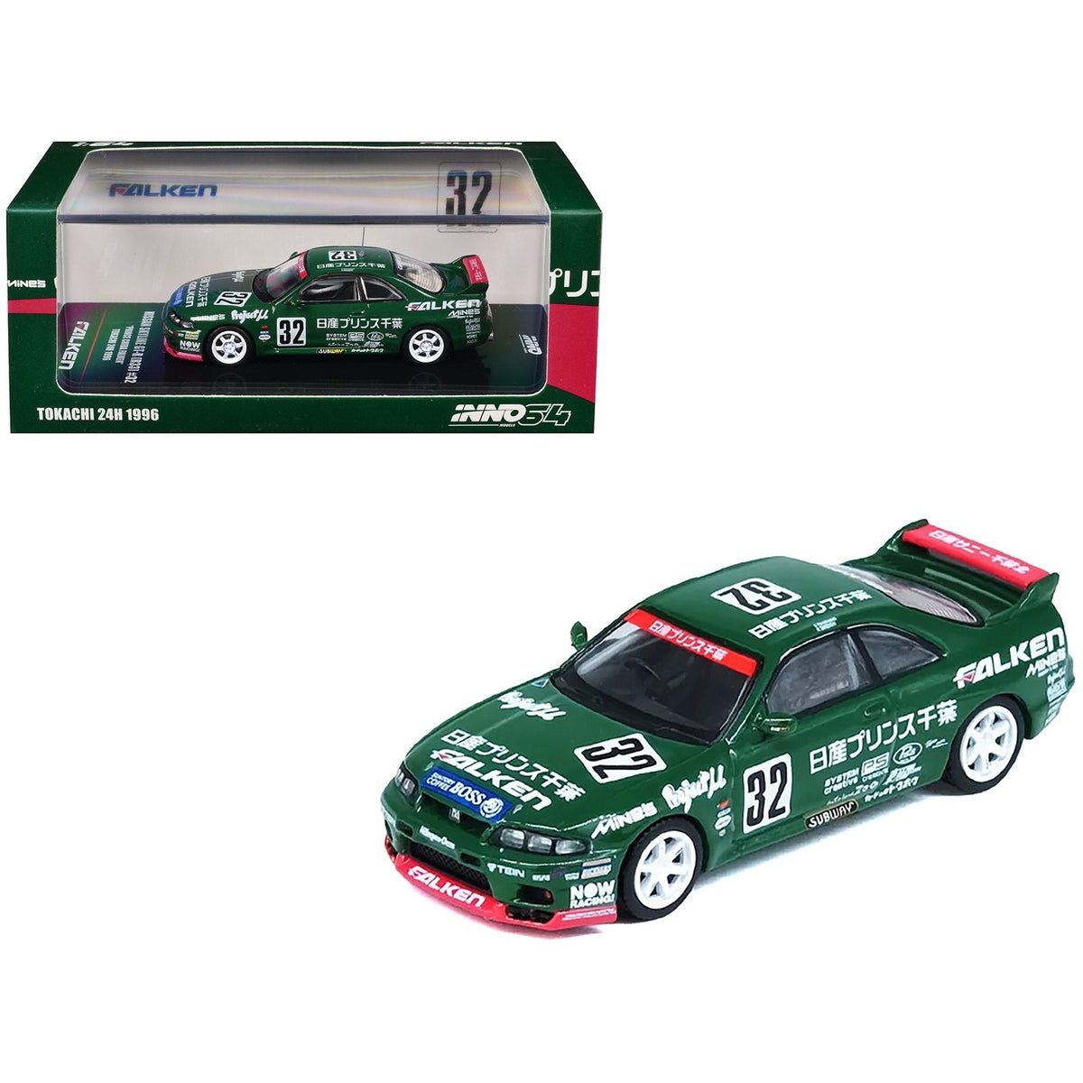 Nissan Skyline GT-R (R33) RHD (Right Hand Drive) #32 "Prince Chiba Falken" N1 Super Endurance Series "Tokachi 24 Hours" (1996) 1/64 Diecast Model Car by Inno Models-Inno Models-ModelCars.com