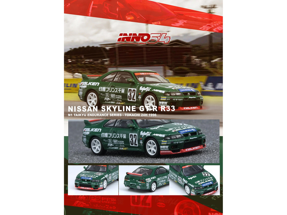 Nissan Skyline GT-R (R33) RHD (Right Hand Drive) #32 "Prince Chiba Falken" N1 Super Endurance Series "Tokachi 24 Hours" (1996) 1/64 Diecast Model Car by Inno Models-Inno Models-ModelCars.com