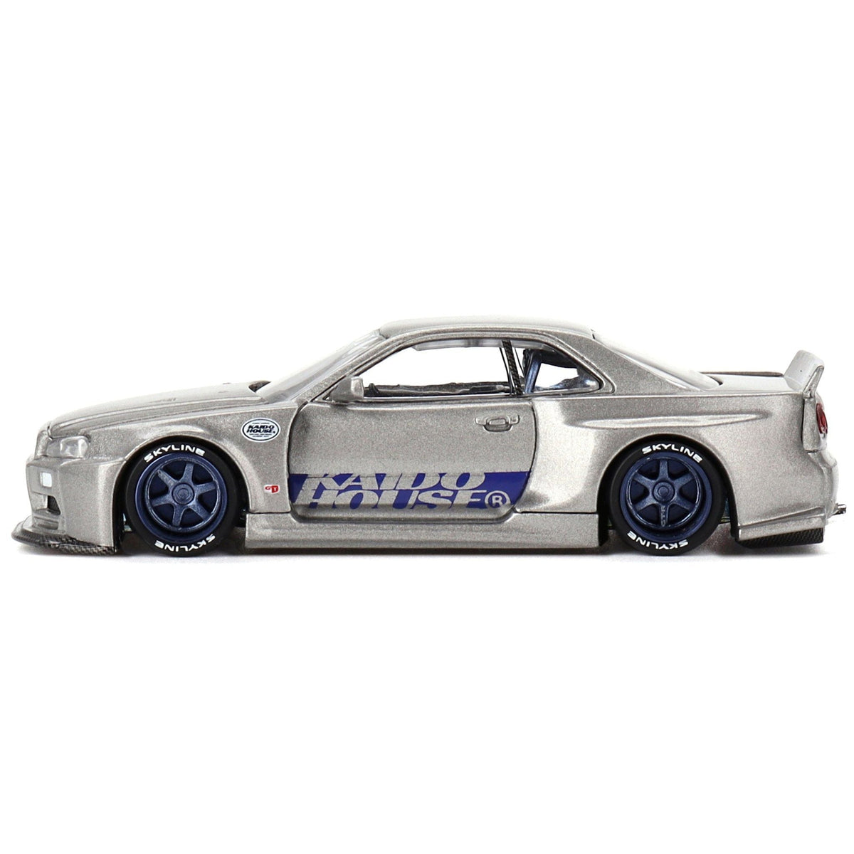 Nissan Skyline GT-R (R34) "Kaido Works Shinjuku V1" RHD (Right Hand Drive) Silver Metallic (Designed by Jun Imai) "Kaido House" Special 1/64 Diecast Model Car by Mini GT-Mini GT-ModelCars.com