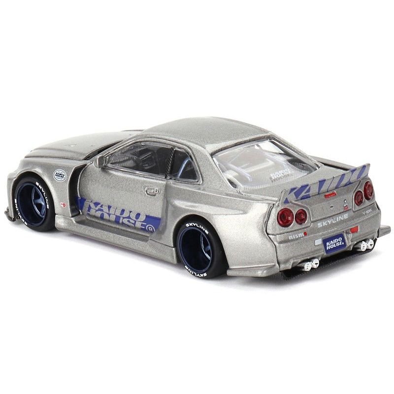 Nissan Skyline GT-R (R34) "Kaido Works Shinjuku V1" RHD (Right Hand Drive) Silver Metallic (Designed by Jun Imai) "Kaido House" Special 1/64 Diecast Model Car by Mini GT-Mini GT-ModelCars.com
