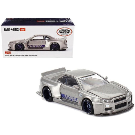 Nissan Skyline GT-R (R34) "Kaido Works Shinjuku V1" RHD (Right Hand Drive) Silver Metallic (Designed by Jun Imai) "Kaido House" Special 1/64 Diecast Model Car by Mini GT-Mini GT-ModelCars.com