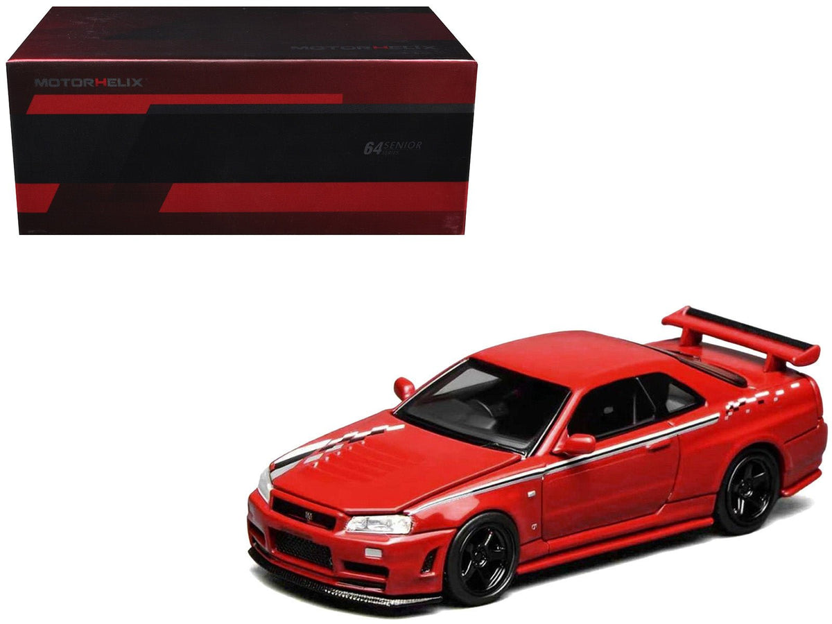 Nissan Skyline GT-R (R34) Nismo RHD (Right Hand Drive) Custom Red with Stripes "Senior 64" Series 1/64 Diecast Model Car by MotorHelix-Motorhelix-ModelCars.com