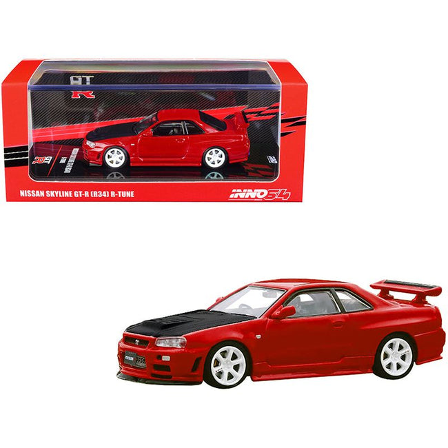 Nissan Skyline GT-R (R34) R-Tune RHD (Right Hand Drive) Active Red with Carbon Hood with Extra Wheels 1/64 Diecast Model Car by Inno Models-Inno Models-ModelCars.com