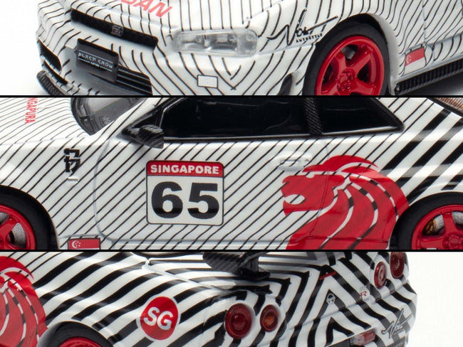 Nissan Skyline GT-R (R34) RHD (Right Hand Drive) 65 "Black Crow" White with Black Pinstripes "Singapore Diecast Expo 2025 Event Edition" 1/64 Diecast Model Car by Inno Models-Inno Models-ModelCars.com