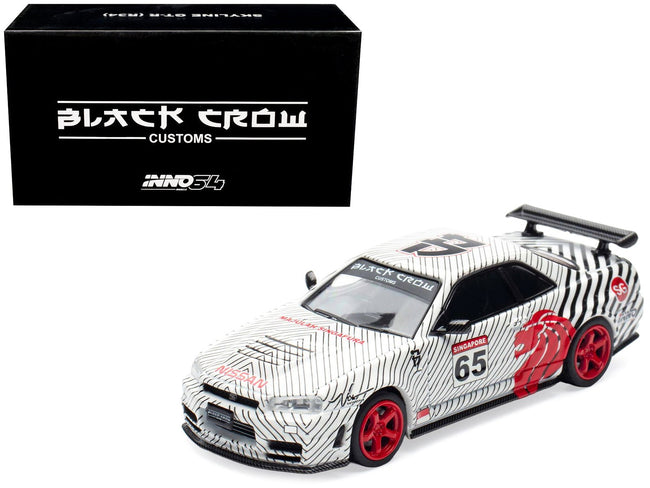 Nissan Skyline GT-R (R34) RHD (Right Hand Drive) 65 "Black Crow" White with Black Pinstripes "Singapore Diecast Expo 2025 Event Edition" 1/64 Diecast Model Car by Inno Models-Inno Models-ModelCars.com