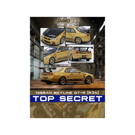 Nissan Skyline GT-R (R34) RHD (Right Hand Drive) "Top Secret" Gold Metallic with Carbon Hood and Trunk 1/64 Diecast Model Car by Inno Models-Inno Models-ModelCars.com