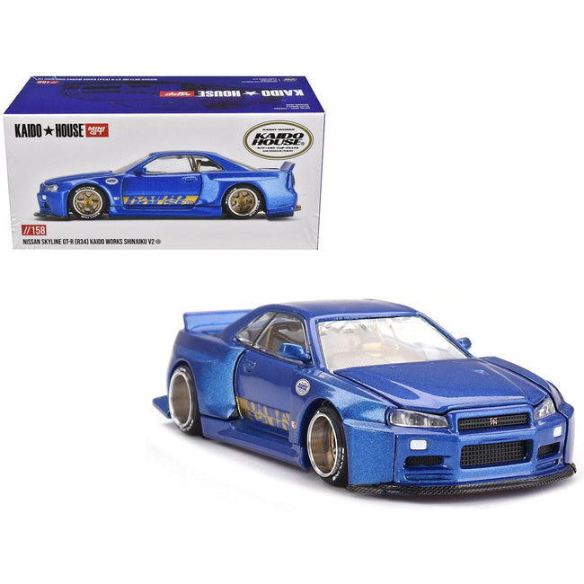 Nissan Skyline GT-R (R34) "SHINJUKU V2 Aero" RHD (Right Hand Drive) Blue Metallic (Designed by Jun Imai) "Kaido House" Special 1/64 Diecast Model Car by Mini GT-Mini GT-ModelCars.com