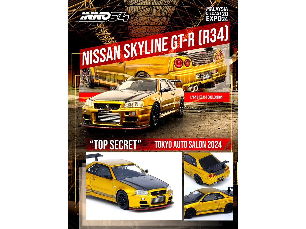 Nissan Skyline GT-R (R34) "Top Secret" RHD (Right Hand Drive) Gold Metallic with Carbon Hood and Trunk "Tokyo Auto Salon 2024 - Malaysia Diecast Expo 2024" 1/64 Diecast Model Car by Inno Models-Inno Models-ModelCars.com