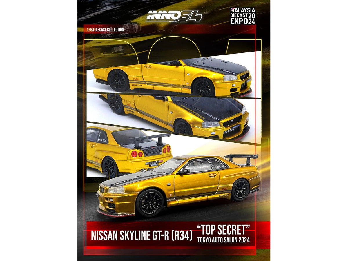 Nissan Skyline GT-R (R34) "Top Secret" RHD (Right Hand Drive) Gold Metallic with Carbon Hood and Trunk "Tokyo Auto Salon 2024 - Malaysia Diecast Expo 2024" 1/64 Diecast Model Car by Inno Models-Inno Models-ModelCars.com