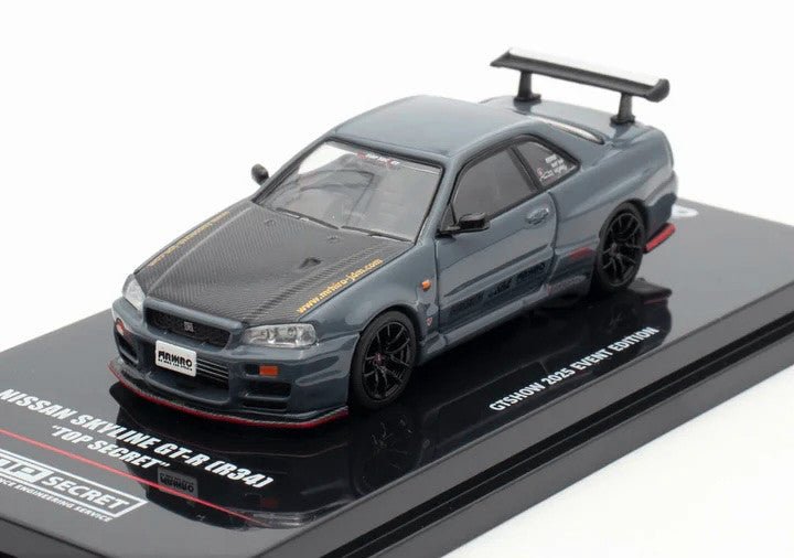 Nissan Skyline GT-R (R34) "Top Secret" RHD (Right Hand Drive) Stealth Gray with Carbon Hood "GTSHOW 2025 Event Edition" 1/64 Diecast Model Car by Inno Models-Inno Models-ModelCars.com