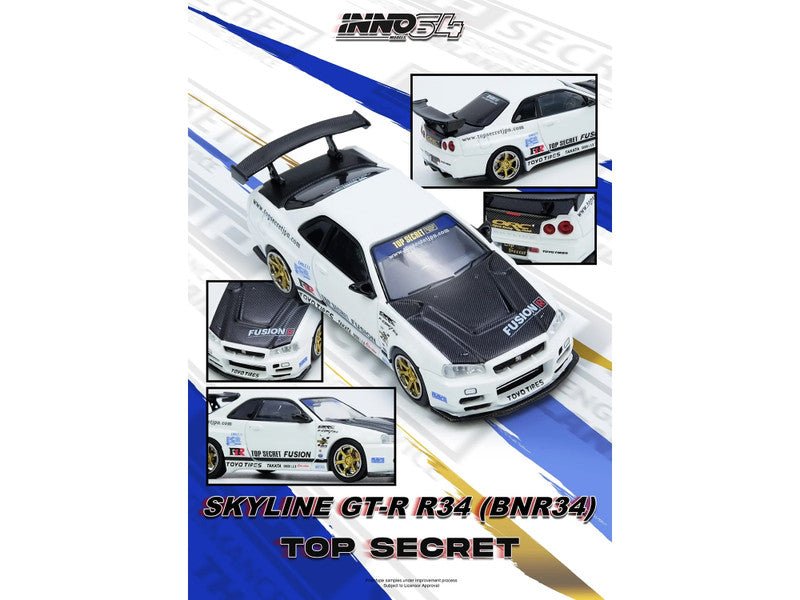 Nissan Skyline GT-R (R34) "Top Secret" RHD (Right Hand Drive) White with Carbon Hood 1/64 Diecast Model Car by Inno Models-Inno Models-ModelCars.com