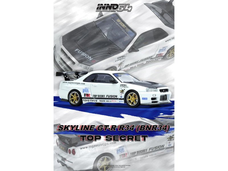 Nissan Skyline GT-R (R34) "Top Secret" RHD (Right Hand Drive) White with Carbon Hood 1/64 Diecast Model Car by Inno Models-Inno Models-ModelCars.com