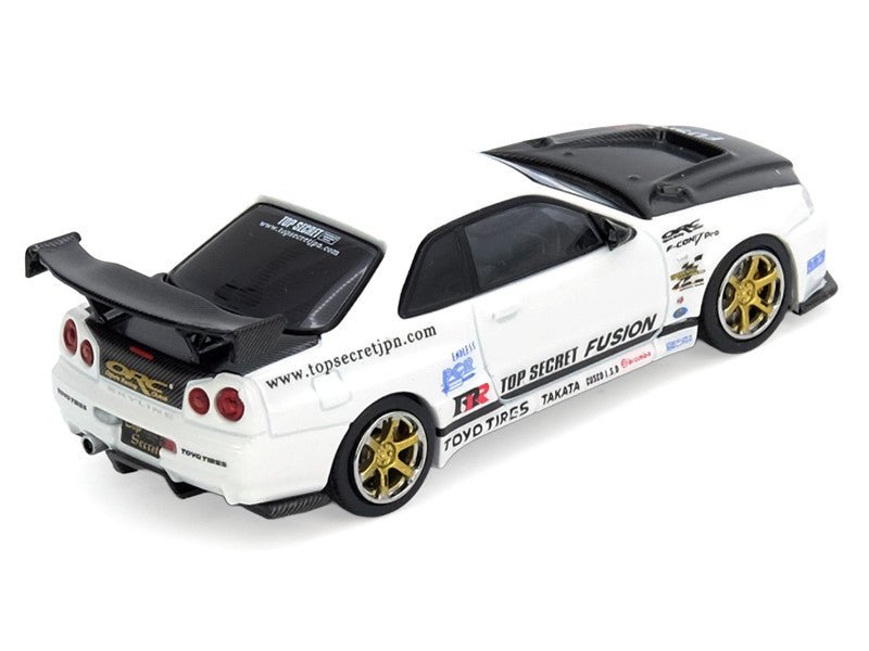 Nissan Skyline GT-R (R34) "Top Secret" RHD (Right Hand Drive) White with Carbon Hood 1/64 Diecast Model Car by Inno Models-Inno Models-ModelCars.com