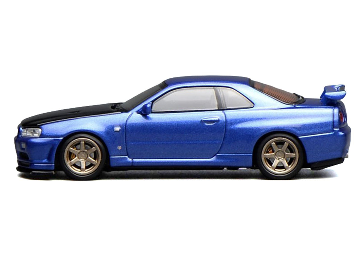 Nissan Skyline GT-R (R34) V-Spec II RHD (Right Hand Drive) Bayside Blue Metallic with Carbon Hood "Senior 64" Series 1/64 Diecast Model Car by MotorHelix-Motorhelix-ModelCars.com