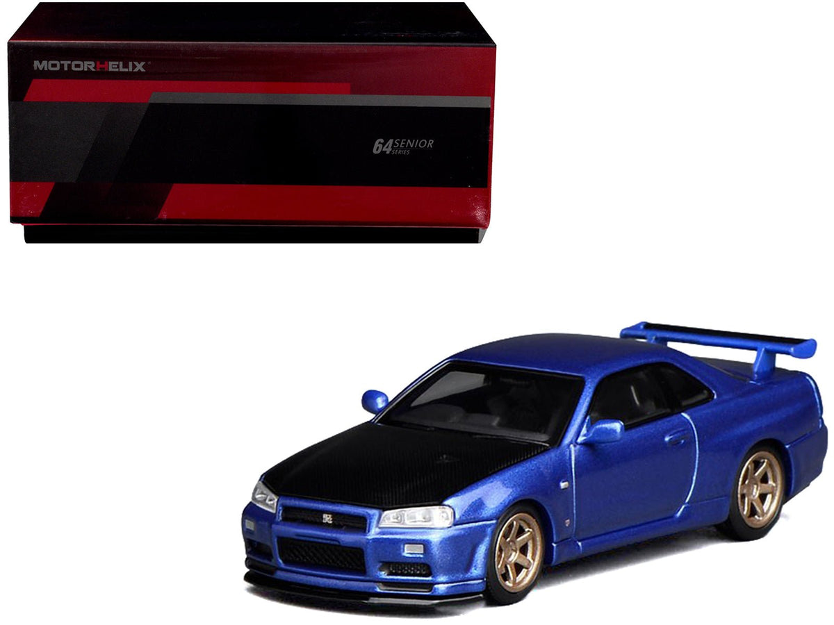 Nissan Skyline GT-R (R34) V-Spec II RHD (Right Hand Drive) Bayside Blue Metallic with Carbon Hood "Senior 64" Series 1/64 Diecast Model Car by MotorHelix-Motorhelix-ModelCars.com