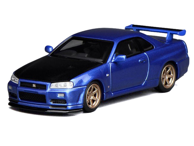Nissan Skyline GT-R (R34) V-Spec II RHD (Right Hand Drive) Bayside Blue Metallic with Carbon Hood "Senior 64" Series 1/64 Diecast Model Car by MotorHelix-Motorhelix-ModelCars.com