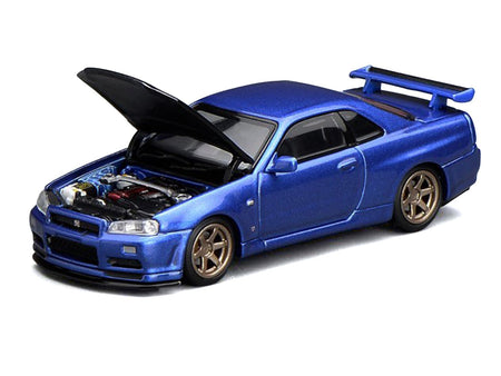 Nissan Skyline GT-R (R34) V-Spec II RHD (Right Hand Drive) Bayside Blue Metallic with Carbon Hood "Senior 64" Series 1/64 Diecast Model Car by MotorHelix-Motorhelix-ModelCars.com