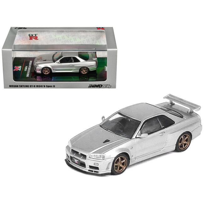 Nissan Skyline GT-R (R34) V-SPEC II RHD (Right Hand Drive) Silver Metallic 1/64 Diecast Model Car by Inno Models-Inno Models-ModelCars.com