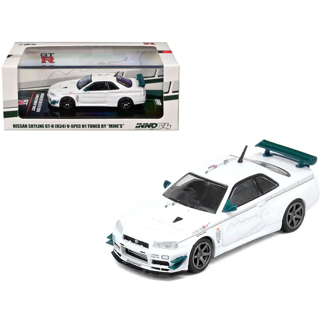 Nissan Skyline GT-R (R34) V-SPEC N1 RHD (Right Hand Drive) "Tuned by Mine's" White 1/64 Diecast Model Car by Inno Models-Inno Models-ModelCars.com